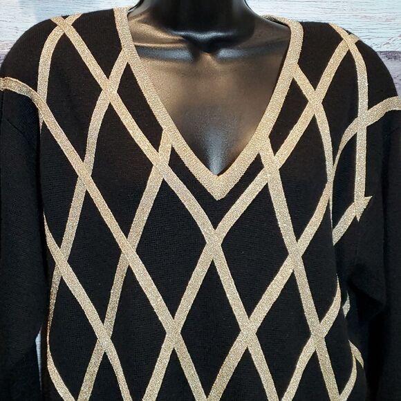 Vintage Gorgeous Black Gold Metallic VNeck Sweater, Suzelle, Sz M - Picture 6 of 9